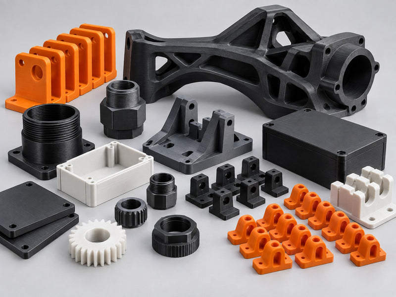 Functional parts and a production batch made with FDM 3D printing