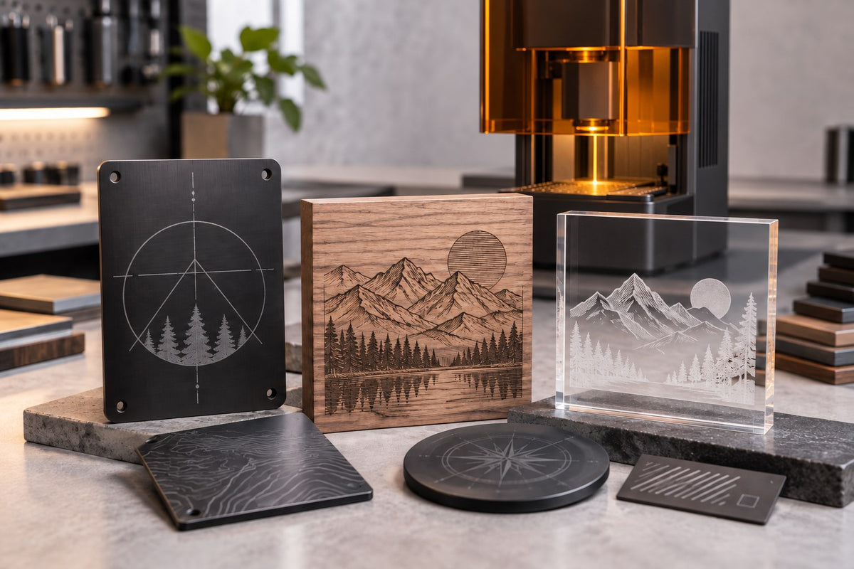 Precision laser engraving samples on metal, wood and acrylic at Heptagon Studio